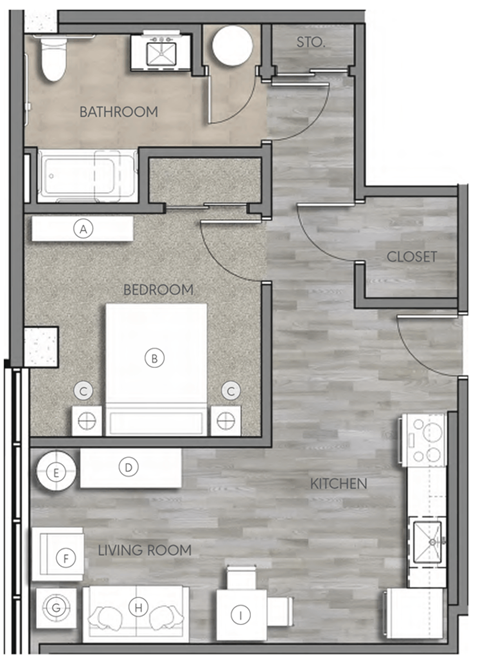 Floor plan for 1 bed, 1 bath, 581 sqft